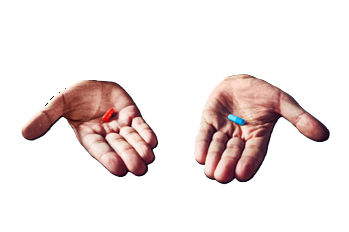 Hands holding blue and red pill